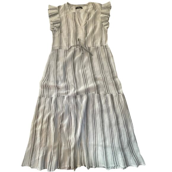 ABLE Caralyn Midi Dress White Gray Stripe Ruffle Sleeve V Neck - Size Medium - Picture 2 of 10